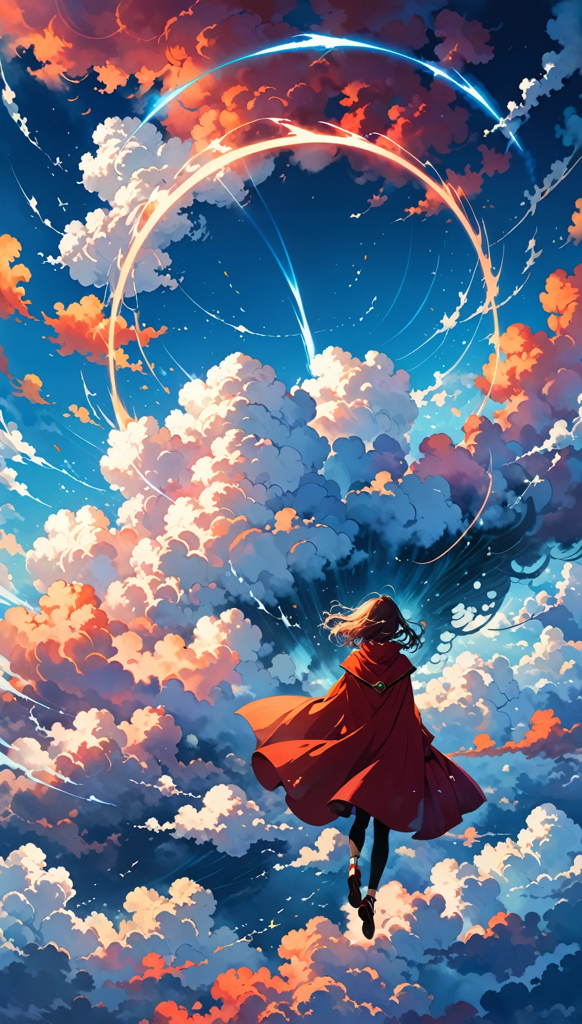 丹尼爾·梅里亞姆的風格,
七彩雲彩,一大片雲海,(激波:1.5),(衝破雲層:1.4),(環裝衝擊波雲:1.4),運動模糊,
1個女孩,(飛行動作:1.2),動態動作,红斗篷,雲環,