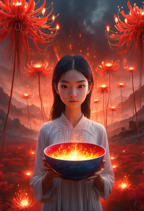 a girl holding a bowl in a fiery landscape, ghostly spirits, red spider lilies, hyperrealistic, 8k, extremely detailed, surreal,...