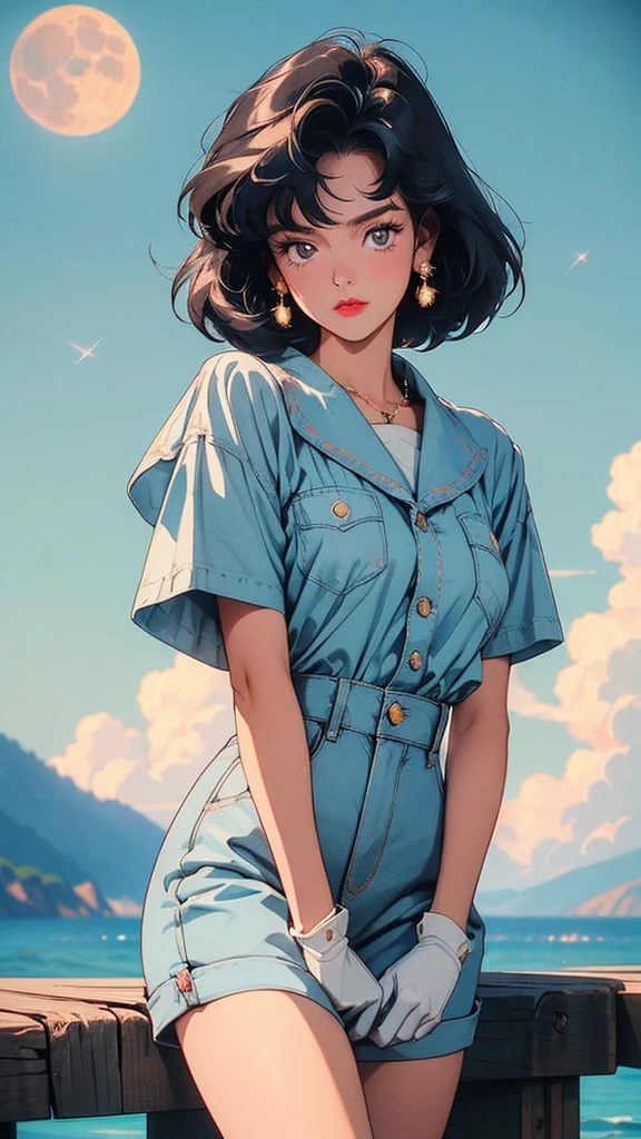 ((90s anime style, 1990s style, hand painted details, fresh and clean appearance)), (masterpiece:1.2, highest quality, wonderful quality, Ultra-expensive resolution), (complex and detailed), 1 female, 17 years old, alone, minimal makeup, natural materials, innocent, (big laugh), ((rich background, moon and stars background)), short blue hair, bob cut, clear, can't believe it, (((detailed face))), (very detailed and lovely), (geometric:1.2), ((expensive, sailor suit with short sleeves, white and blue, blue bow on chest and back, knee-high blue boots, white gloves)), ray tracing, divine revelation, godly, ((very detailed eye and face)), (beautiful and aesthetic: 1.2), wonderful, can't believe it, incredible quality, ultra-precise depiction, ultra-detailed depiction, bokeh (85MM shot), (((delicate fingers and hands:0.55))::0.85), (detailed fingers).
