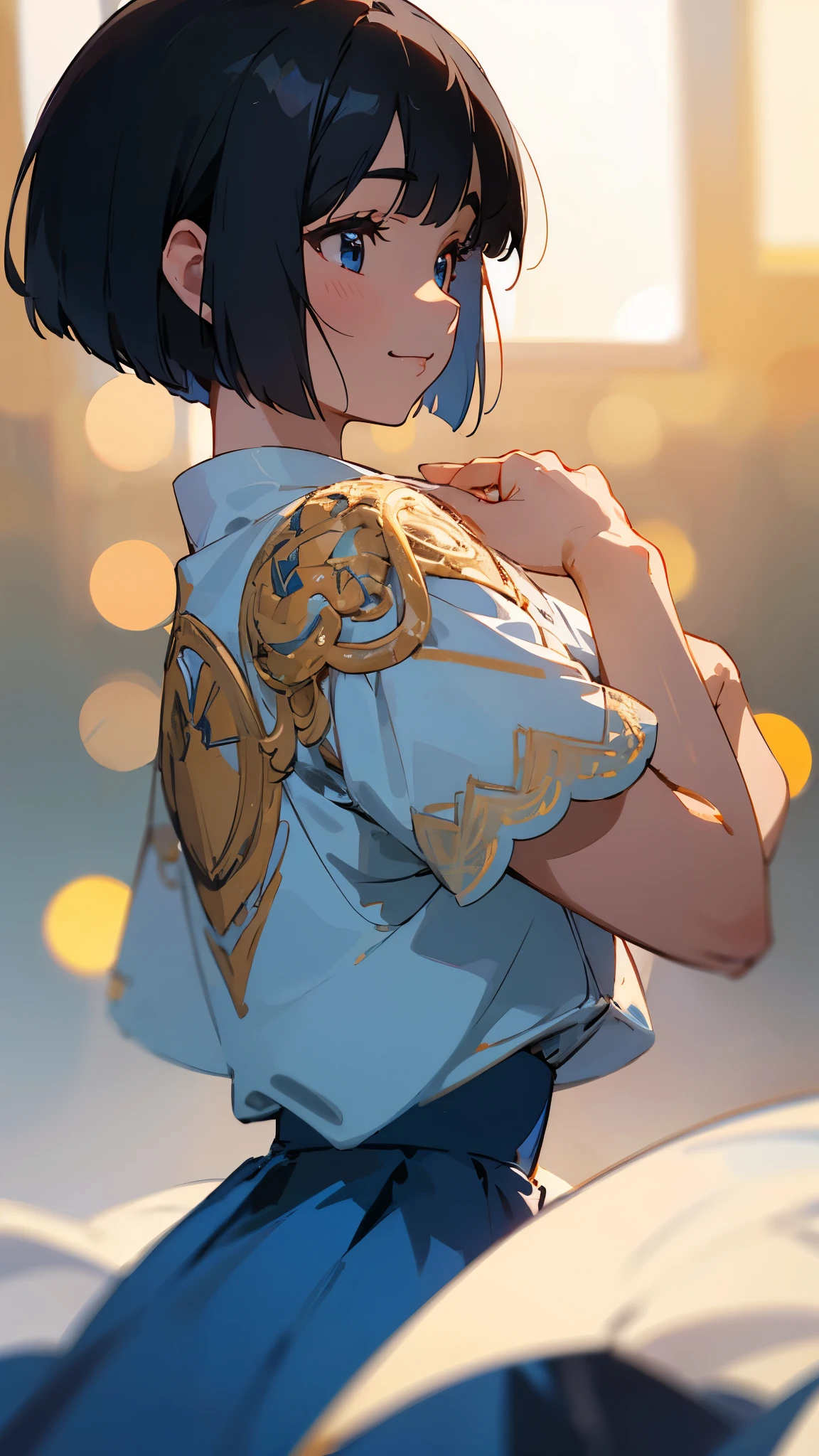 1 girl、8k、Sharp focus、(Bokeh) (highest quality) (Detailed skin:1.3) (Intricate details) (anime)、Shiny black hair、Short Bob Cut、calm and calm look、Delicate portrait、、profile、Upper body close-up、smile、Blue Skirt、indoor