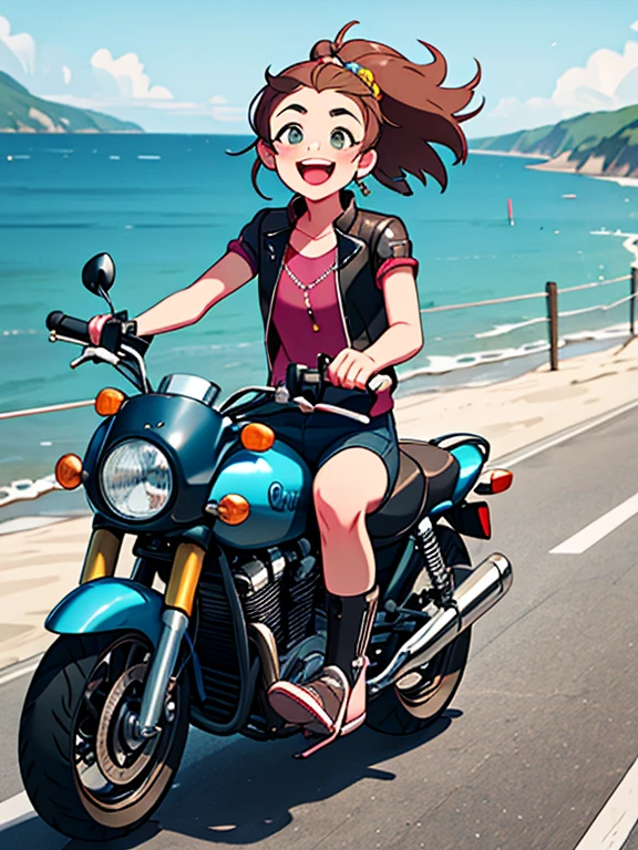 Realistic，Jojo Fashion，Laughter, cute, accessories, A girl riding a motorcycle along a seaside road in summer，