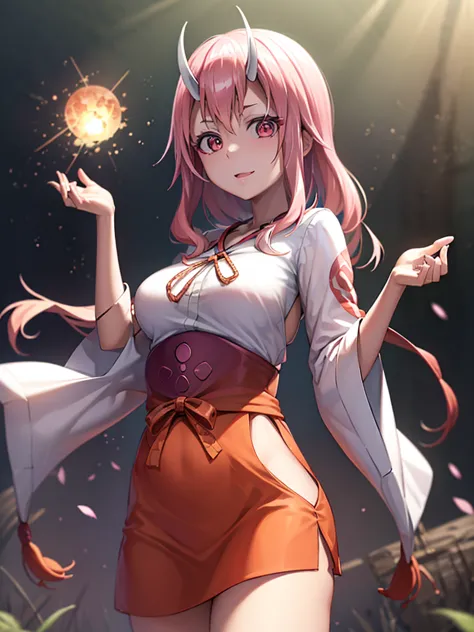 shuna (tensura), low-tied long hair, oni horns, miko, red hakama, tabi, (4k), profundidad de campo, (obra maestra), extremadamen...