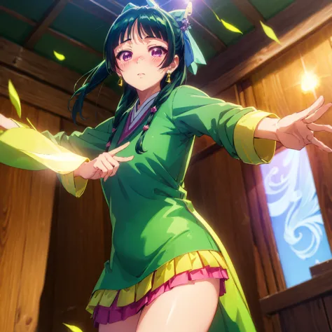 (((Maomao)))　((green　Standing in the field　Sunshine　Blushing　Dance))　(Shining Background　Shining Edge) High angle