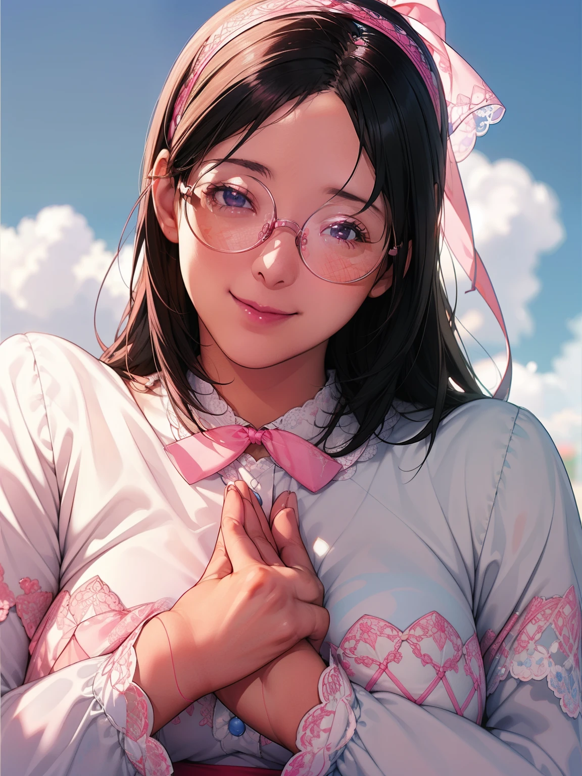 girl, Blue sky and white clouds, Wearing silver glasses, Happy, Happy, Reddish cheeks, Black Hair, Wearing a pink ribbon headband, Perfect quality, Clear focus (Clutter - Home: 0.8), (masterpiece: 1.2) (Realistic: 1.2) (Bokeh) (highest quality) (Detailed skin: 1.3) (Intricate details) (8k) (Eye for detail) (Sharp focus), (Happy)
