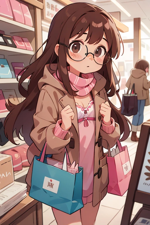 Chica，Long brown hair, golpes, Gafas y monturas pequeñas, en abrigo de invierno y bikini, dentro de la tienda, ocupado, Compras, Sólo un sujetador rosa debajo del abrigo., Don&#39;No uses una camisa debajo del abrigo., senos pequeños, cup, top de bikini rosa, bikini, bikini debajo del abrigo, bikini bra, bikini y abrigo encima