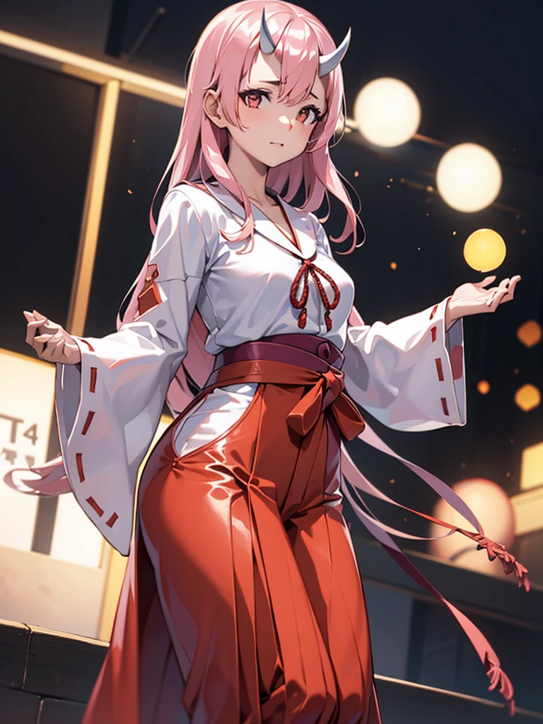 ShunaTensura, low-tied long hair, oni horns, miko, red hakama, tabi, (4k), profundidad de campo, (obra maestra), extremadamente detallado, intrincado, hiper detallado, bokeh, high resolution, sharp detail, mejor calidad, Sharp focus, Profesional, Sharp focus, galardonado, cinematic lighting, renderizado de octanaje, motor irreal, volumetric dtx, fondo de pantalla, chica, kimono rojo y blanco, ancho, cabello rosado, Ojos rosados, cuernos, relajante , blusa abajo, ((obra maestra)),(((mejor calidad))),((ultra detallado)),((ILLUSTRATION)), manos perfectas