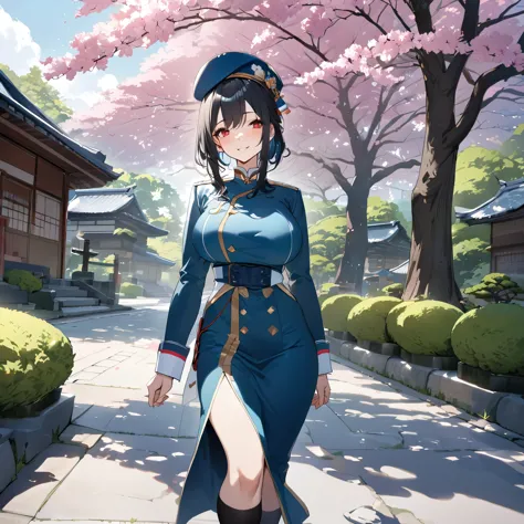 a woman wearing oil blue military uniform, short black hair, red eyes, long black socks, blue heels, blue hat, smiling, big brea...