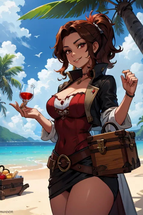 A brown haired woman with red eyes with an hourglass figure in a pirate's outfit is carrying a treasure chest on a tropical isla...
