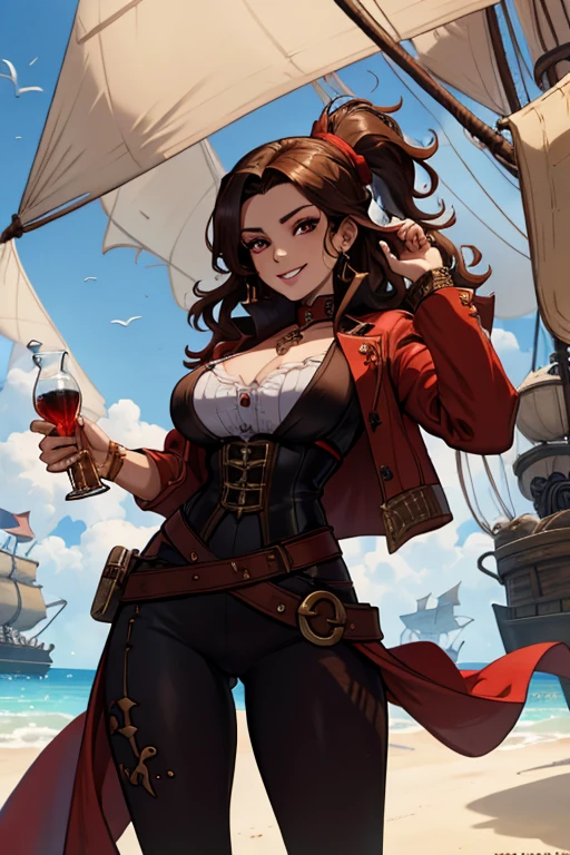 A brown haired woman with red eyes with an hourglass figure in a pirate's outfit is  walking back onto the pirate ship with  a big smile