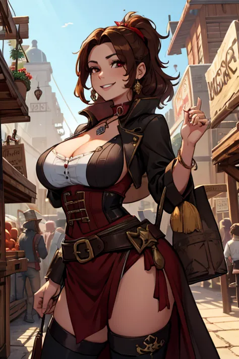 A brown haired woman with red eyes with an hourglass figure in a pirate's outfit is shopping in the market with a big smile in a...