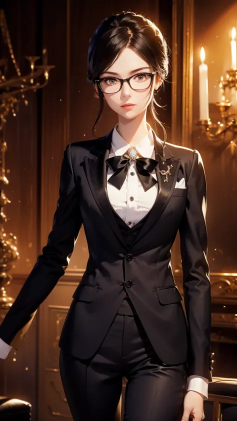 (masterpiece), (highest quality), (black glasses)(Super detailed), (Highly detailed CG), Woman in a tuxedo、Butler、pants suit