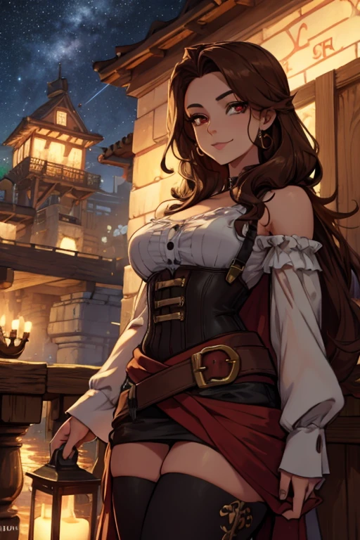 A brown haired woman with red eyes with an hourglass figure in a pirate's outfit is watching the stars on a dock at night at  a pirate city with a big smile