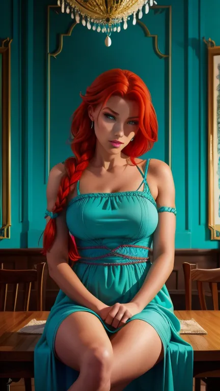 A girl in an elegant turquoise dress is sitting at a table. she has braids and red hair. saque. peituda