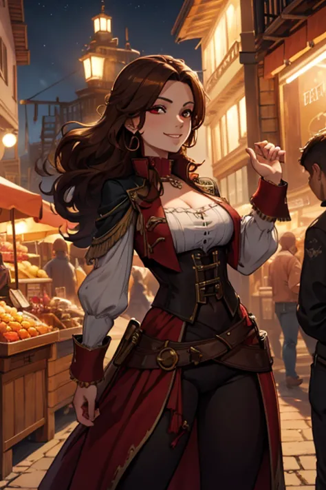 A brown haired woman with red eyes with an hourglass figure in a pirate's outfit is  smiling while leaning forward in the market...