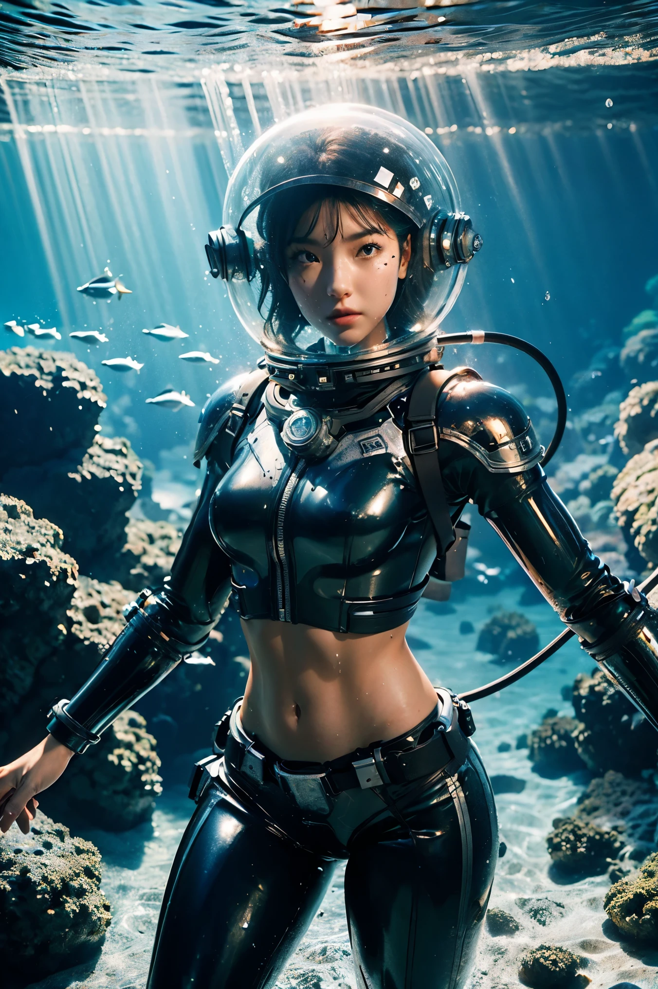 a girl in diving suit,Bikini wetsuit, fully exposed midriff, bare waist,cowboy-shot, Under deep water，The body is wet，((in deep sea))，Transparen oxygen helmet,Transparent full-face helmet ,((bikini top)),((metal Bikini armor)), sexy exposed midriff, full metallic armor, bare midriff and waist, open abdomen, fully exposed abdomen, cowboy-shot, realistic, photorealistic, high quality, 8k, extremely detailed, masterpiece, dynamic pose, dramatic lighting, cinematic, sci-fi, futuristic, vibrant colors