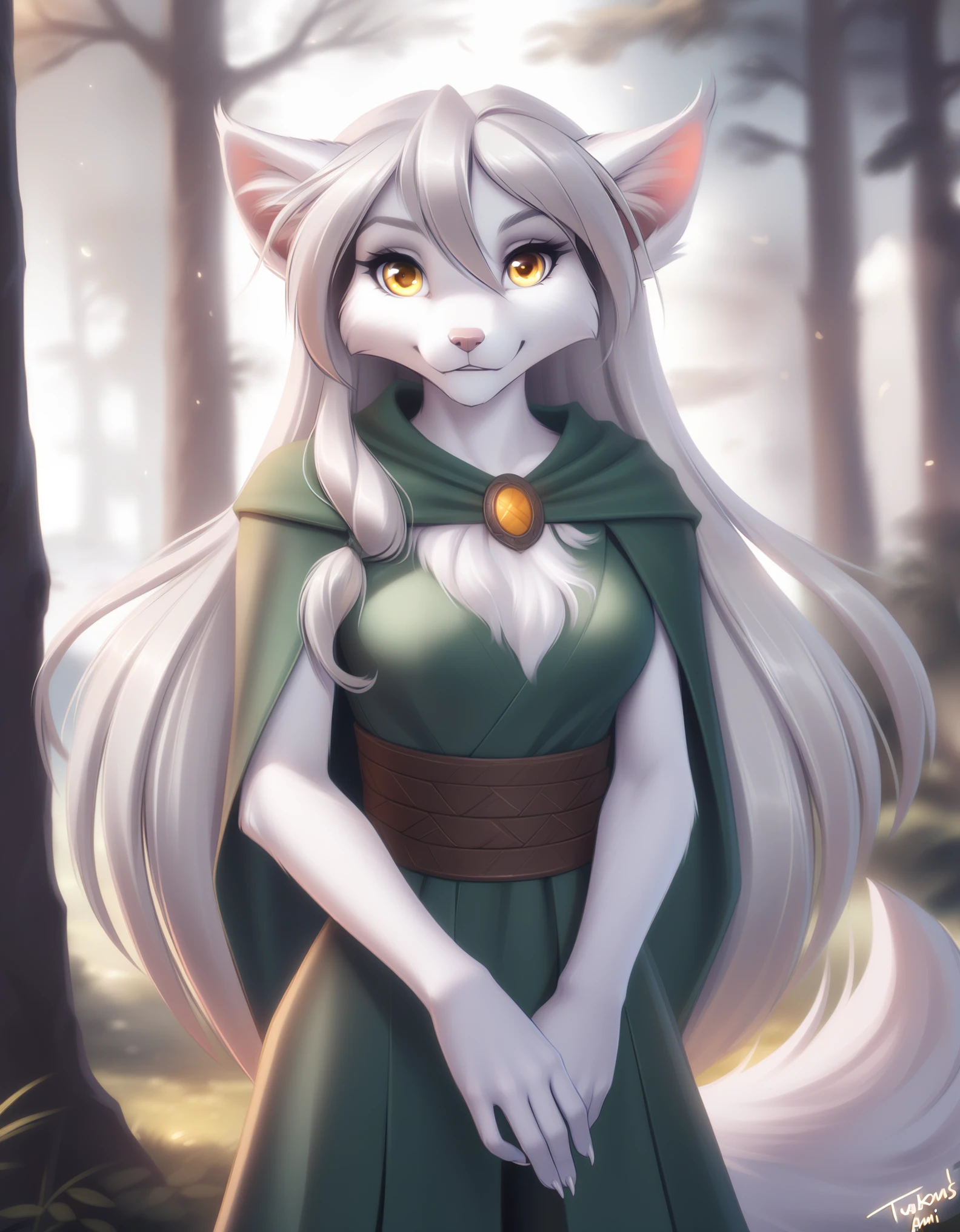 solo, female, tkraine, wolf, yellow eyes, silver hair, white fur, raine_silverlock, twokinds, , personalami, rating:safe, arm_tuft, breasts, by tom_fischbach,, (best quality, masterpiece:1), furry female anthro, female, 1girl, portrait, fingers, finger claws, looking at viewer, (outdoors dark forest trees blurry blurred background:1.1), green cape, pauldron, pelvic curtain, 