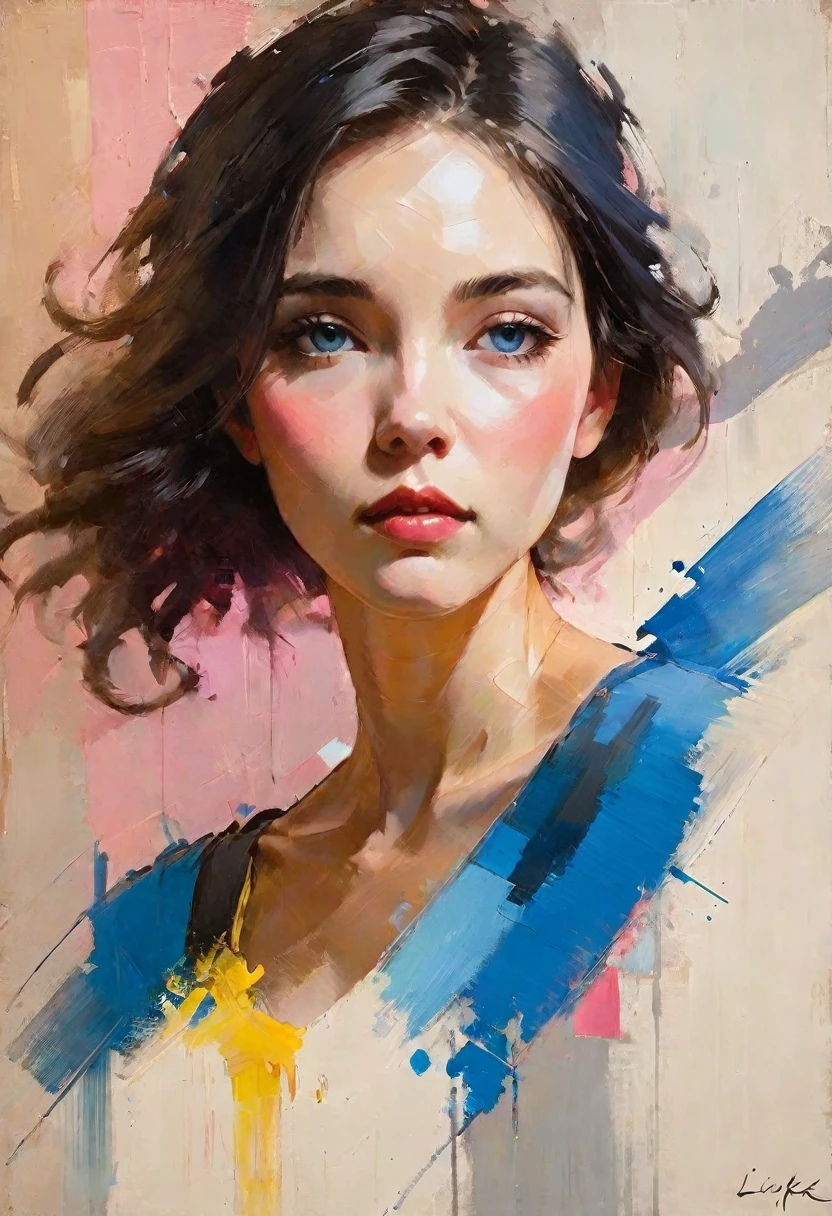 Créer un portrait contemporain d&#39;une personne dans le style expressif et pictural de Malcolm Liepke, en utilisant une palette de rose clair, bleu sourd, bleu grisâtre foncé, bleu brillant, gris très foncé, et bleu grisâtre clair. Le portrait doit comporter un gros plan du visage du sujet avec une forte, coups de pinceau dynamiques et concentration sur la capture de la profondeur et de la texture caractéristiques du travail de Liepke. Use light pink and bleu brillant for the highlights and vibrant areas, while employing bleu sourd, bleu grisâtre foncé, gris très foncé, et bleu grisâtre clair to create shadows and depth. Assurez-vous que l&#39;arrière-plan complète le portrait avec des variations subtiles de la même palette de couleurs, évoquant un sentiment d&#39;élégance moderne et d&#39;intensité émotionnelle