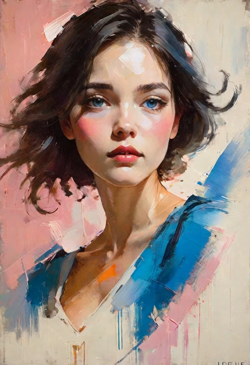 สร้างภาพเหมือนร่วมสมัยของบุคคลในสไตล์ที่แสดงออกและจิตรกรของ Malcolm Liepke, โดยใช้พาเล็ทสีชมพูอ่อน, สีฟ้าปิดเสียง, สีน้ำเงินอมเทาเข้ม, สีฟ้าสดใส, สีเทาเข้มมาก, และสีฟ้าอมเทาอ่อน. ภาพบุคคลควรมีลักษณะใบหน้าของตัวแบบในระยะใกล้ที่แข็งแกร่ง, ฝีแปรงแบบไดนามิกและมุ่งเน้นไปที่การจับความลึกและลักษณะพื้นผิวของงานของ Liepke. Use light pink and สีฟ้าสดใส for the highlights and vibrant areas, while employing สีฟ้าปิดเสียง, สีน้ำเงินอมเทาเข้ม, สีเทาเข้มมาก, และสีฟ้าอมเทาอ่อน to create shadows and depth. ตรวจสอบให้แน่ใจว่าพื้นหลังช่วยเสริมภาพบุคคลด้วยรูปแบบที่ละเอียดอ่อนของชุดสีเดียวกัน, ปลุกความรู้สึกถึงความสง่างามสมัยใหม่และความเข้มข้นทางอารมณ์