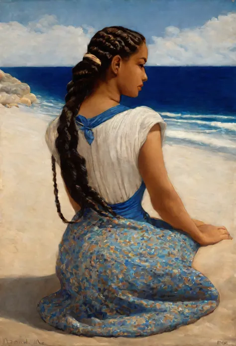 painting of a woman sitting on a beach with her back to the camera, she has two braids in her hair, e vestido azul, estilo alfre...