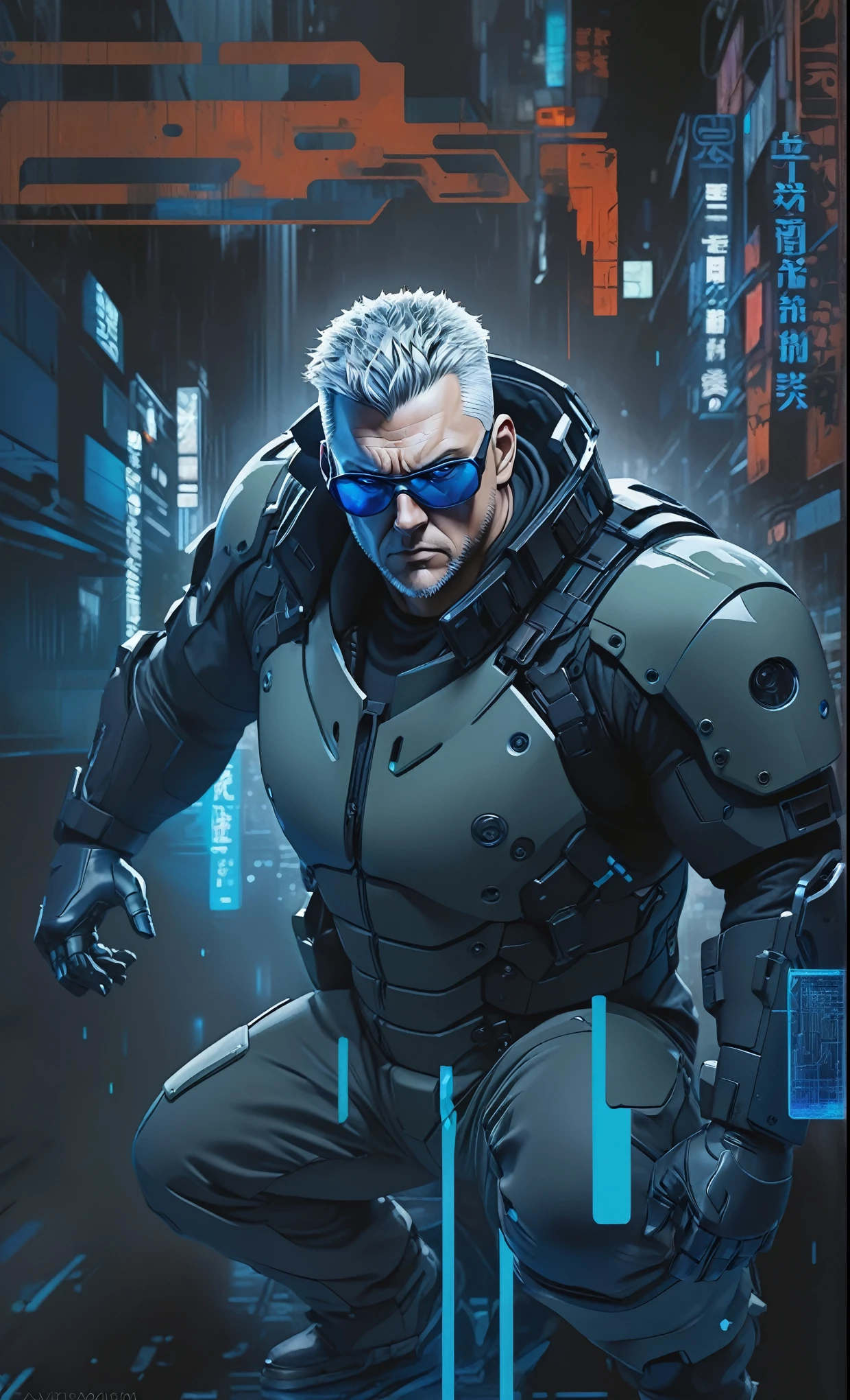 Ghost in the Shell Vol.2 - Batou, by Luis Duarte, Luis Duarte style, blue and black shading, Neo-Tokyo style, Element Air, Mythpunk, Graphic Interface, Sci-Fic Art, Dark Influence, NijiExpress 3D v3, Kinetic Art, Datanoshing, Oilpainting, Ink v3, Splash style, Abstract Art, Abstract Tech, Cyber Tech Elements, Futuristic, Illustrated v3, Deco Influence, AirBrush style, drawing