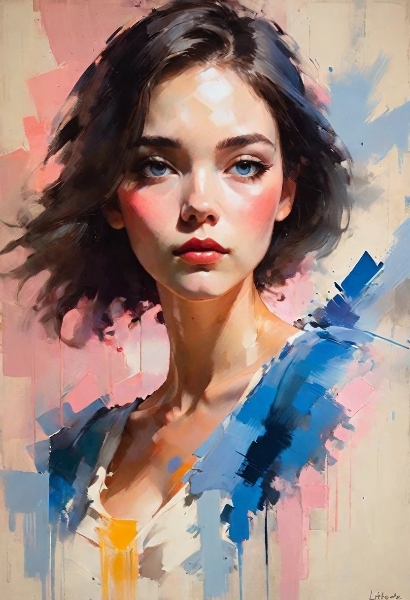 Create a contemporary portrait of a person in the expressive and painterly style of Malcolm Liepke, utilizing a palette of light pink, muted blue, dark grayish blue, bright blue, very dark gray, and light grayish blue. The portrait should feature a close-up of the subject's face with strong, dynamic brushstrokes and a focus on capturing the depth and texture characteristic of Liepke's work. Use light pink and bright blue for the highlights and vibrant areas, while employing muted blue, dark grayish blue, very dark gray, and light grayish blue to create shadows and depth. Ensure the background complements the portrait with subtle variations of the same color palette, evoking a sense of modern elegance and emotional intensity