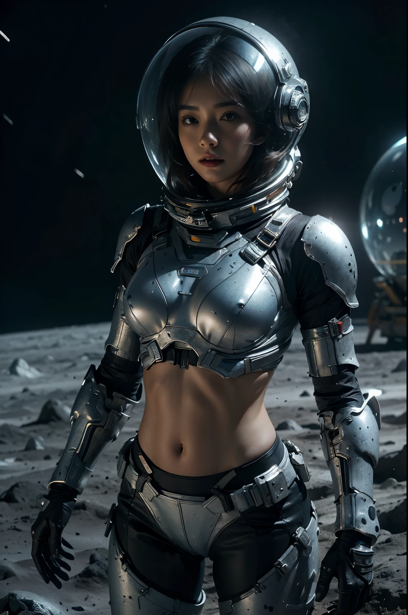 una chica en traje espacial, abdomen completamente expuesto, cintura desnuda,tiro de vaquero, En el espacio exterior, Planeta frío alienígena desolado, Mi estómago está congelado，casco-espacial transparente,Casco integral transparente ,((parte superior del bikini)),((armadura de bikini de metal)), abdomen expuesto sexy, armadura metálica completa, abdomen y cintura desnudos, open abdomen, abdomen completamente expuesto, tiro de vaquero, Realista, photoRealista, alta calidad, 8K, extremadamente detallado, obra maestra, pose dinámica, iluminación dramática, cinematográfico, ciencia ficción, futuristic, Colores vibrantes