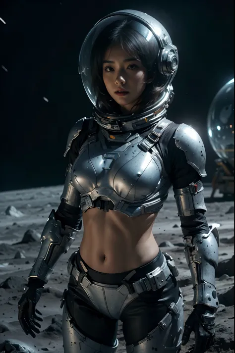 a girl in spacesuit, fully exposed midriff, bare waist,cowboy-shot, in outer space, desolate alien cold planet, My stomach is fr...