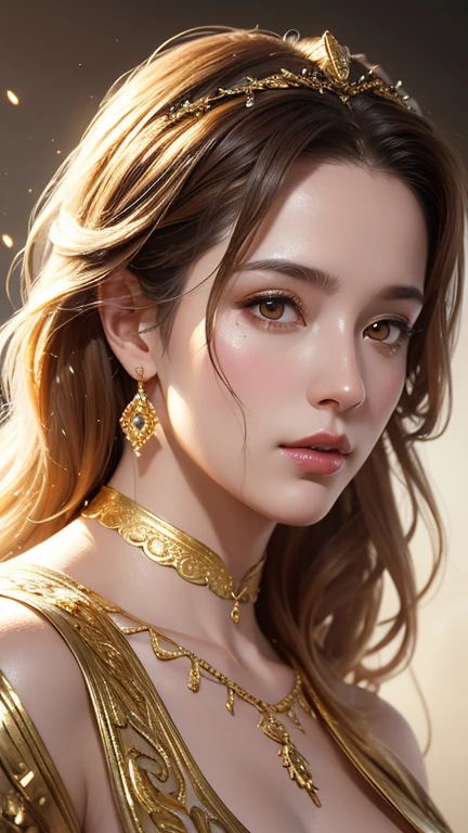 a digital portrait painting of a beautiful Greek goddess in white robe dress and smoke gold floats around, a hyperrealistic painting, figurative art, in gold paint, gold smoke, character is smoke gold floats around, fantasy art ,elegance pose, medium closeup shot, lighting clear and soft effect , white background