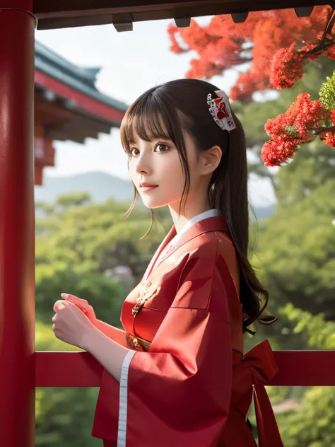 highest resolution:1.2,realistic:1.5, red dress, shrine maiden, japanese shrine background, one girl, masterpiece, highest quali...