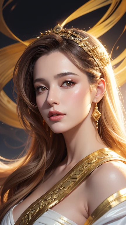 a digital portrait painting of a beautiful Greek goddess in white robe dress and smoke gold floats around, a hyperrealistic painting, figurative art, in gold paint, gold smoke, character is floats around in smoke, fantasy art ,elegance pose, medium closeup shot, lighting clear and soft effect , white background