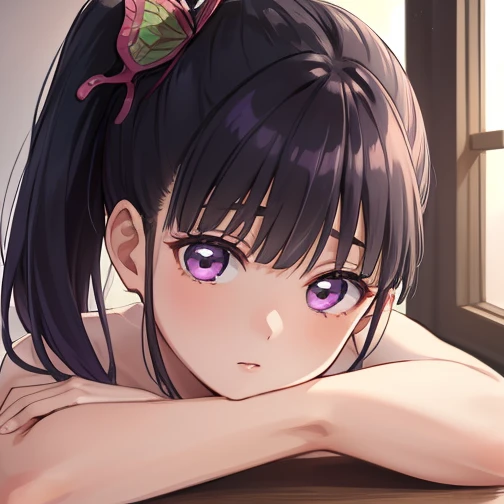 kanaotsuyuri, kanao tsuyuri, Black Hair, butterfly, butterfly hair ornament, (Purple eyes:1.1), side ponytail, ponytail, 
break looking at viewer,
break indoors, classroom,
break (masterpiece:1.2), highest quality, High resolution, unity 8k wallpaper, (figure:0.8), (Beautiful fine details:1.6), Highly detailed face, Perfect lighting, Highly detailed CG, (Perfect hands, Perfect Anatomy),Completely naked、Expose、Big Breasts