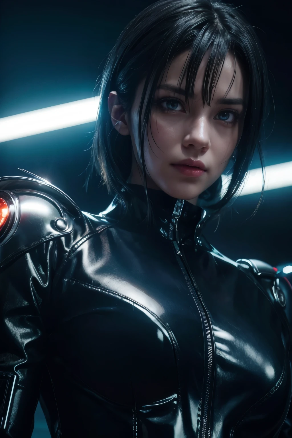 a woman robot from 2099, extremely detailed, cinematic lighting, dramatic pose, neon cyberpunk city background, hyper realistic, 8k, award winning digital art, intricate machinery, glowing eyes, chrome metal skin, dynamic composition, stunning colors, photorealistic, chiaroscuro lighting, elegant and powerful, futuristic, cinematic angle
