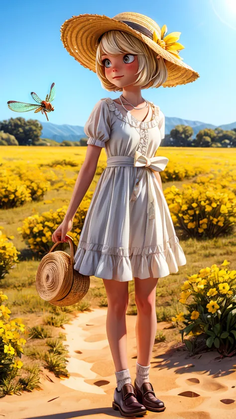 white-spotted dragonfly, a girl dressed as a white-spotted dragonfly, straw hat, in beautiful nature, summer sunshine, cute pose