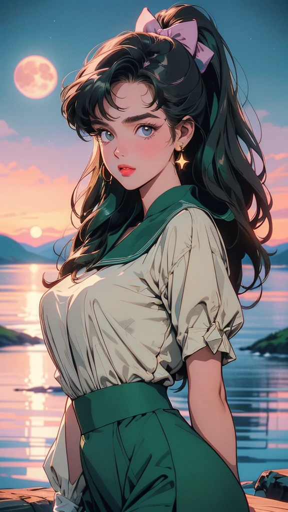 ((90s anime style, 1990s style, hand painted details, fresh and clean appearance)), (masterpiece:1.2, highest quality, wonderful quality, Ultra-expensive resolution), (complex and detailed), 1 female, 17 years old, alone, minimal makeup, natural materials, innocent, (big laugh), ((rich background, moon and stars background)), brown hair in a high ponytail with a green hair tie, clear, can't believe it, (((detailed face))), (very detailed and lovely), (geometric:1.2), ((expensive, white and green sailor suit, pink bow on chest and back, green skirt, green boots, white gloves)), ray tracing, divine revelation, godly, ((very detailed eye and face)), (beautiful and aesthetic: 1.2), wonderful, can't believe it, incredible quality, ultra-precise depiction, ultra-detailed depiction, bokeh (85MM shot), (((delicate fingers and hands:0.55))::0.85), (detailed fingers).
