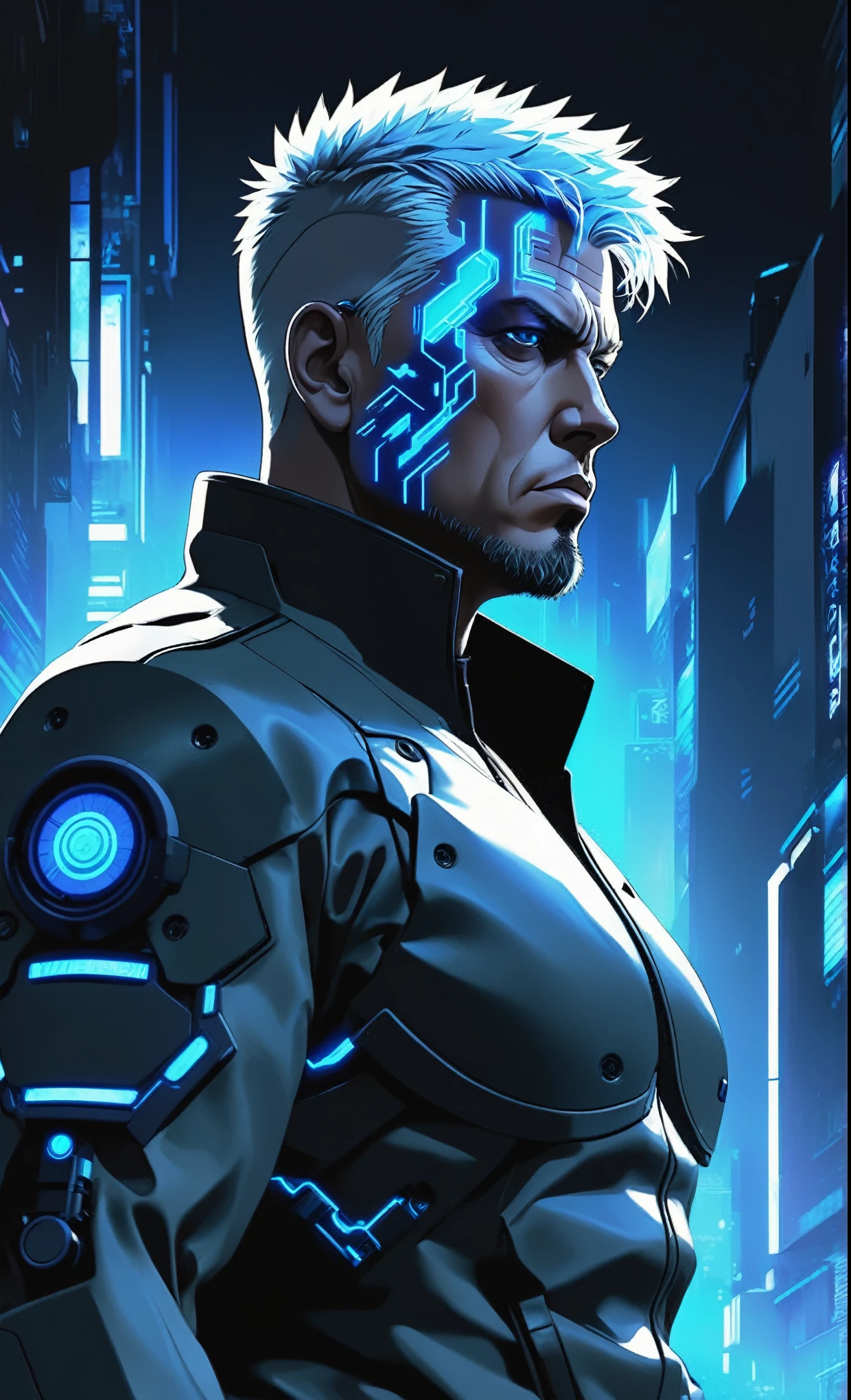 Ghost in the Shell Vol.2 - Batou, by Luis Duarte, Luis Duarte style, blue and black shading, Neo-Tokyo style, Element Air, Mythpunk, Graphic Interface, Sci-Fic Art, Dark Influence, NijiExpress 3D v3, Kinetic Art, Datanoshing, Oilpainting, Ink v3, Splash style, Abstract Art, Abstract Tech, Cyber Tech Elements, Futuristic, Illustrated v3, Deco Influence, AirBrush style, drawing