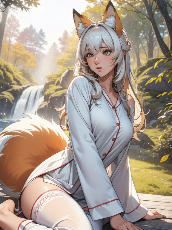 Professional, high-quality photos, 4K resolution, Realistically detailed image of an attractive girl in fluffy white pajamas with fox ears and a fox tail. She is sitting in the middle of a magical forest, Every element is perfectly expressed. The texture of pajamas, The ears and tail are sharp、palpable. The sunlight falls on the leaves、The girl&#39;s face is gently illuminated, Highlights delicate and attractive facial expressions  