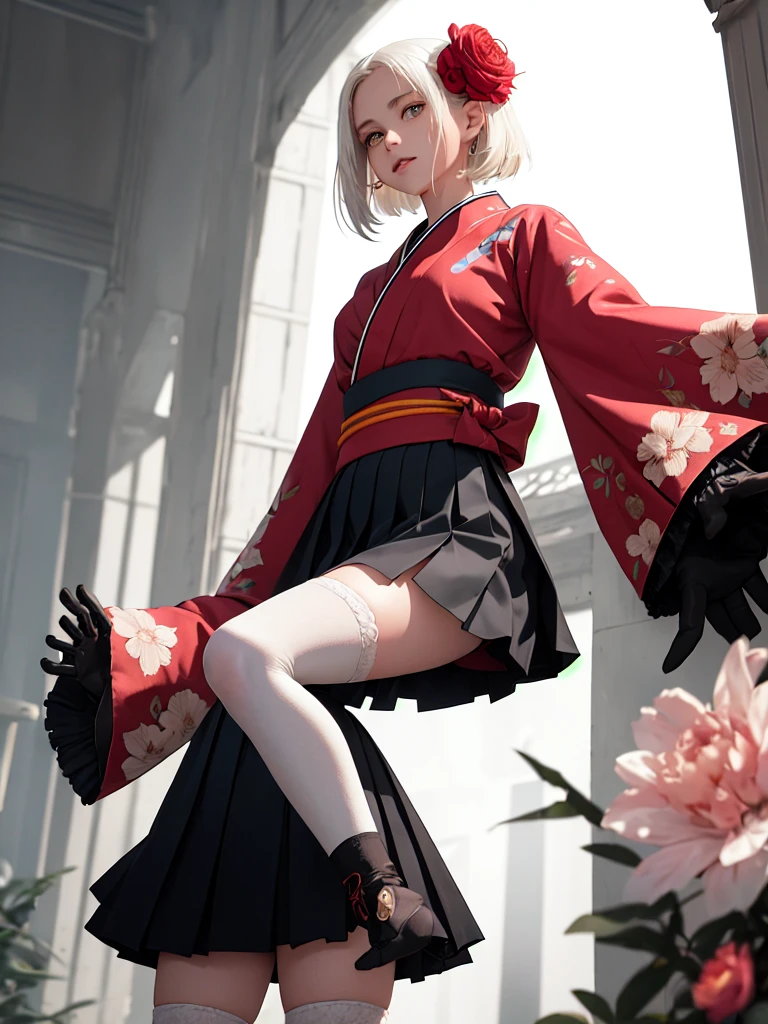(masterpiece, highest quality, Intricate details, Ultra-detailed, Very detailed), SF, future, cyber punk, One girl, alone, Cowboy Shot, Two-tone hair, Gloves,  short hair, Frills, kimono, Hair Flowers, Wide sleeves, kimono, White knee socks, zettai ryouiki, Floral print, skirt, Removable sleeves,  adjusting Glovess, 