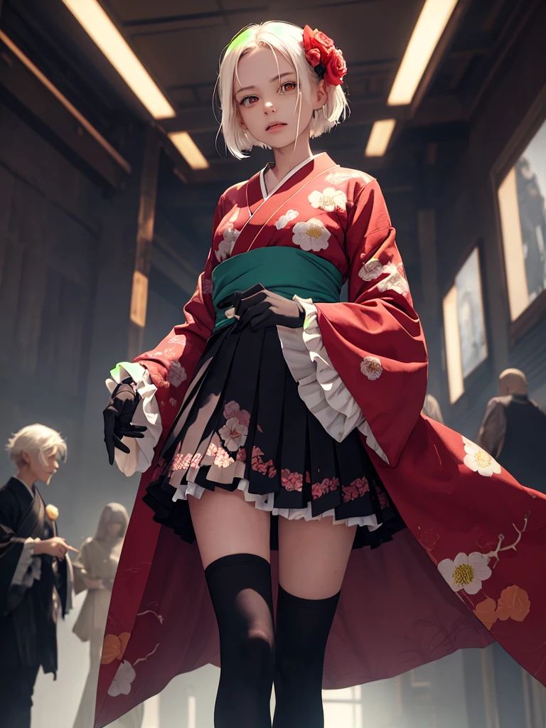 (masterpiece, highest quality, Intricate details, Ultra-detailed, Very detailed), SF, future, cyber punk, One girl, alone, Cowboy Shot, Two-tone hair, Gloves,  short hair, Frills, kimono, Hair Flowers, Wide sleeves, kimono, White knee socks, zettai ryouiki, Floral print, skirt, Removable sleeves,  adjusting Glovess, 