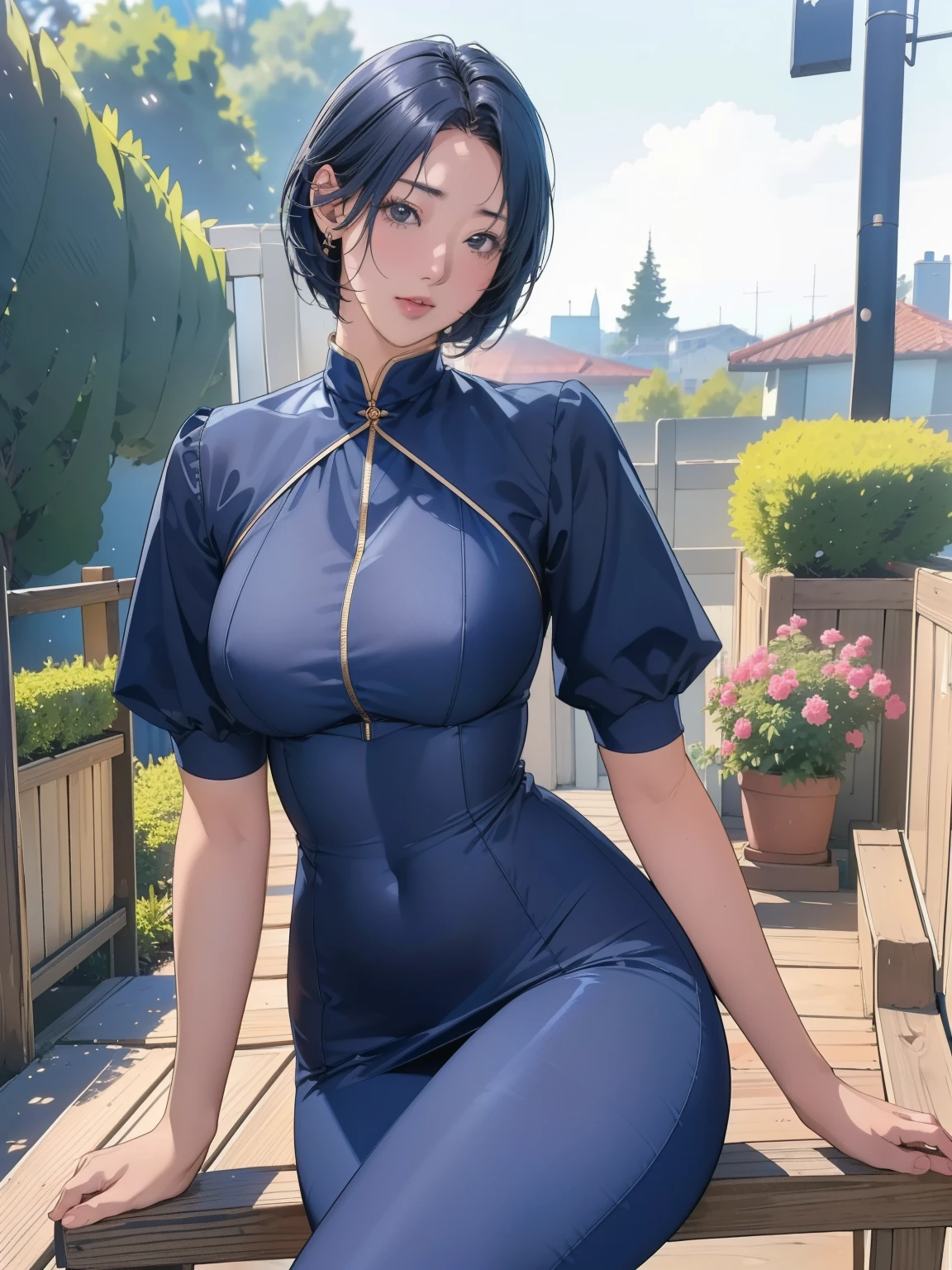 (highest quality、4K、8k、High resolution、masterpiece: 1.2)、Very detailed、(Genuine、photoGenuineistic: 1.37)、Anime Style、high intensity lighting、wide々garden、Dark blue short hair、Rosy Cheeks、Hard, Round Hips、Curvy Hips、Thin lips、How to sit。