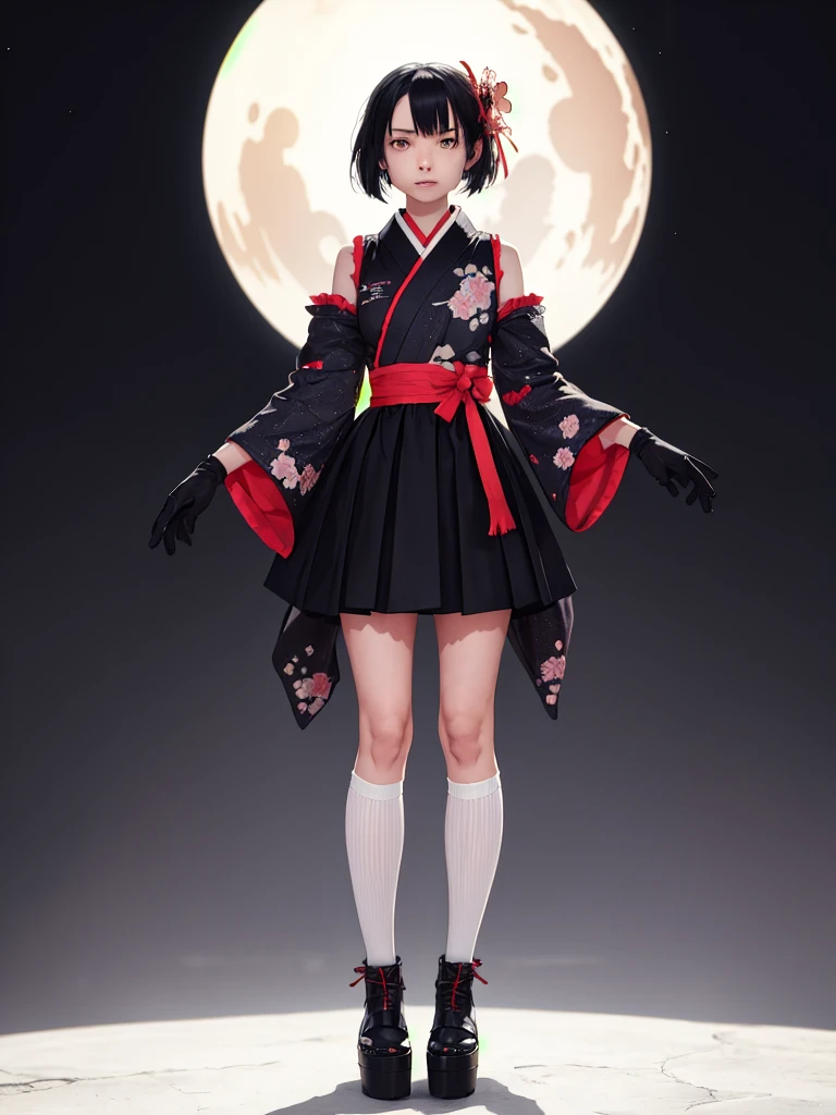 Standing in front of the viewer、vtuber-fullbody、(masterpiece, highest quality, Intricate details, Ultra-detailed, Very detailed), SF, future, cyber punk, One girl, alone, Cowboy Shot, Two-tone hair, Gloves,  short hair, Frills, kimono, Hair Flowers, Wide sleeves, kimono, White knee socks, zettai ryouiki, Space print, skirt, Removable sleeves,  adjusting 