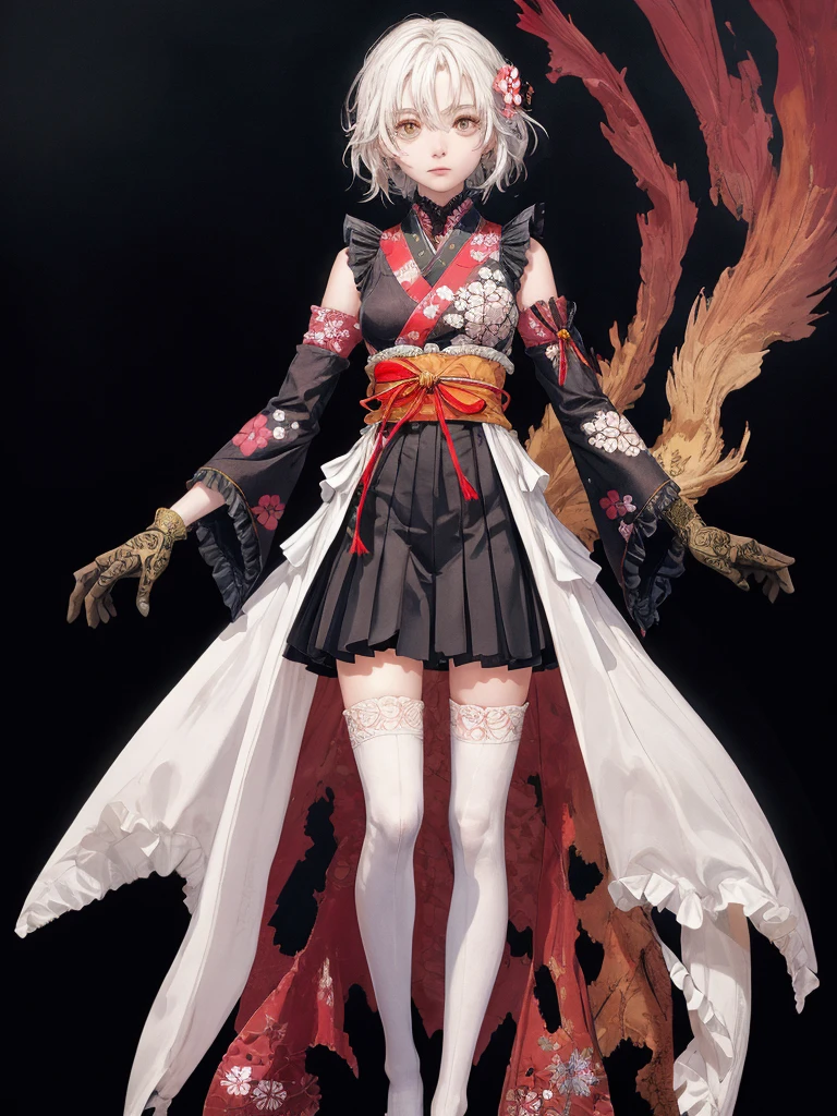1girl、Standing in front of the viewer、vtuber-fullbody、(masterpiece, highest quality, Intricate details, Ultra-detailed, Very detailed), SF, future, cyber punk, One girl, alone, Cowboy Shot, Two-tone hair, Gloves,  short hair, Frills, kimono, Hair Flowers, Long Wide Sleeve, kimono, White knee socks, zettai ryouiki, Space print, skirt, Removable sleeves,  adjusting 、White simple background、