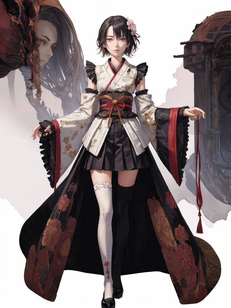 1girl、Standing in front of the viewer、vtuber-fullbody、(masterpiece, highest quality, Intricate details, Ultra-detailed, Very detailed), SF, future, cyber punk, One girl, alone, Cowboy Shot, Two-tone hair, Gloves,  short hair, Frills, kimono, Hair Flowers, Long Wide Sleeve, kimono, White knee socks, zettai ryouiki, Space print, skirt, Removable sleeves,  adjusting 、White simple background、