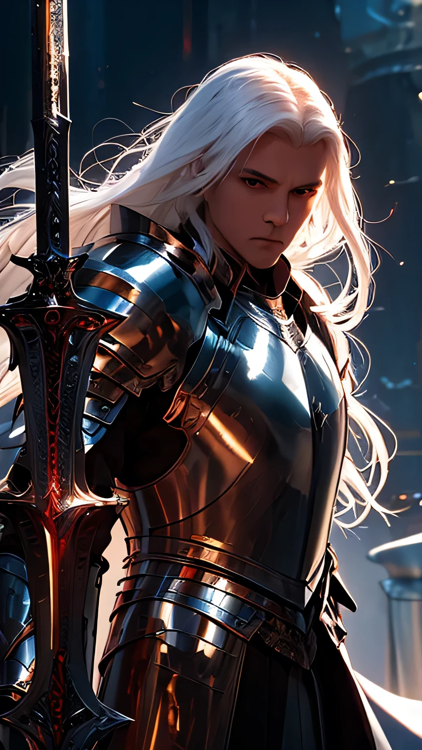 ((best quality)), ((masterpiece)), (detailed), perfect face, white skin, white hair, long hair, albino male, knight, black great sword, big sword, red armor, luxurious armor, fantasy, Fantastic light, world of swords and magic, detailed hands, Gloomy expression, A magic swordsman with great magical powers hidden within, Long white hair blowing in the wind, textured skin, high quality, highres, 8k, reflection light, dark fantasy