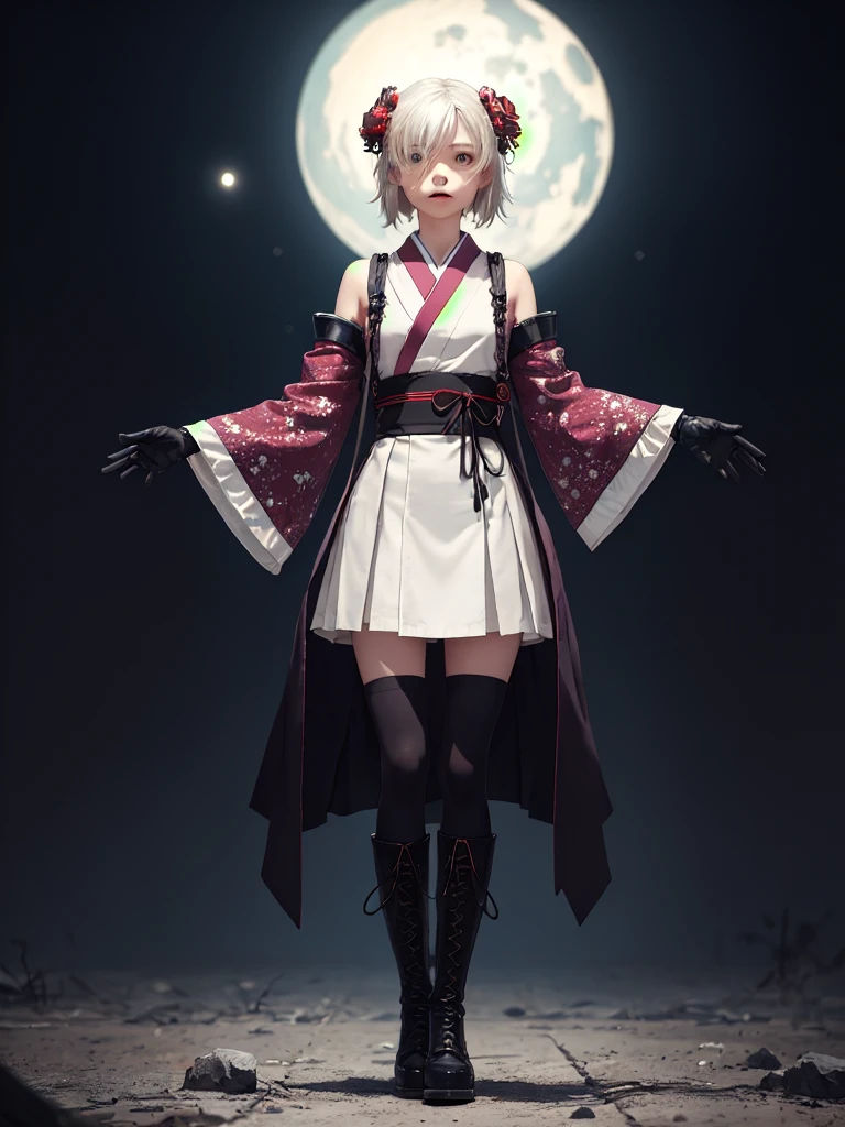 1girl、Standing in front of the viewer、vtuber-fullbody、(masterpiece, highest quality, Intricate details, Ultra-detailed, Very detailed), SF, future, cyber punk, One girl, alone, Cowboy Shot, Milky hair color, Gloves, short hair, Frills, kimono, Hair Flowers, Long Wide Sleeve, kimono, Knee-high boots, zettai ryouiki, universe柄プリント, skirt, Removable sleeves, adjusting 、White simple background、universe、Milky Way、流star群、star、★、