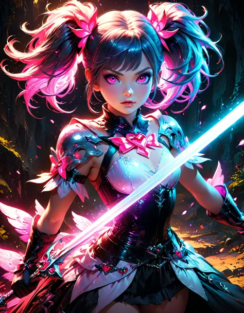 (highest quality), Fantasy illustration art, Shiny colorful lighting, Big sword, Magical girl, Gothic, Twin tails, Realistic, Su...