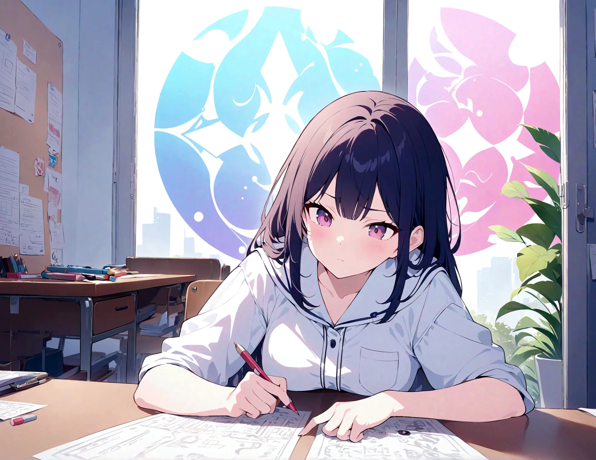 One 17-year-old female taking a paper test,focus on girls,She is a quiet and smart-looking cute girl.,A woman is sitting in a ch...