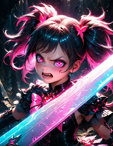 (highest quality), Fantasy illustration art, Shiny colorful lighting, Big sword, Magical girl, Gothic, Twin tails, Realistic, Su...