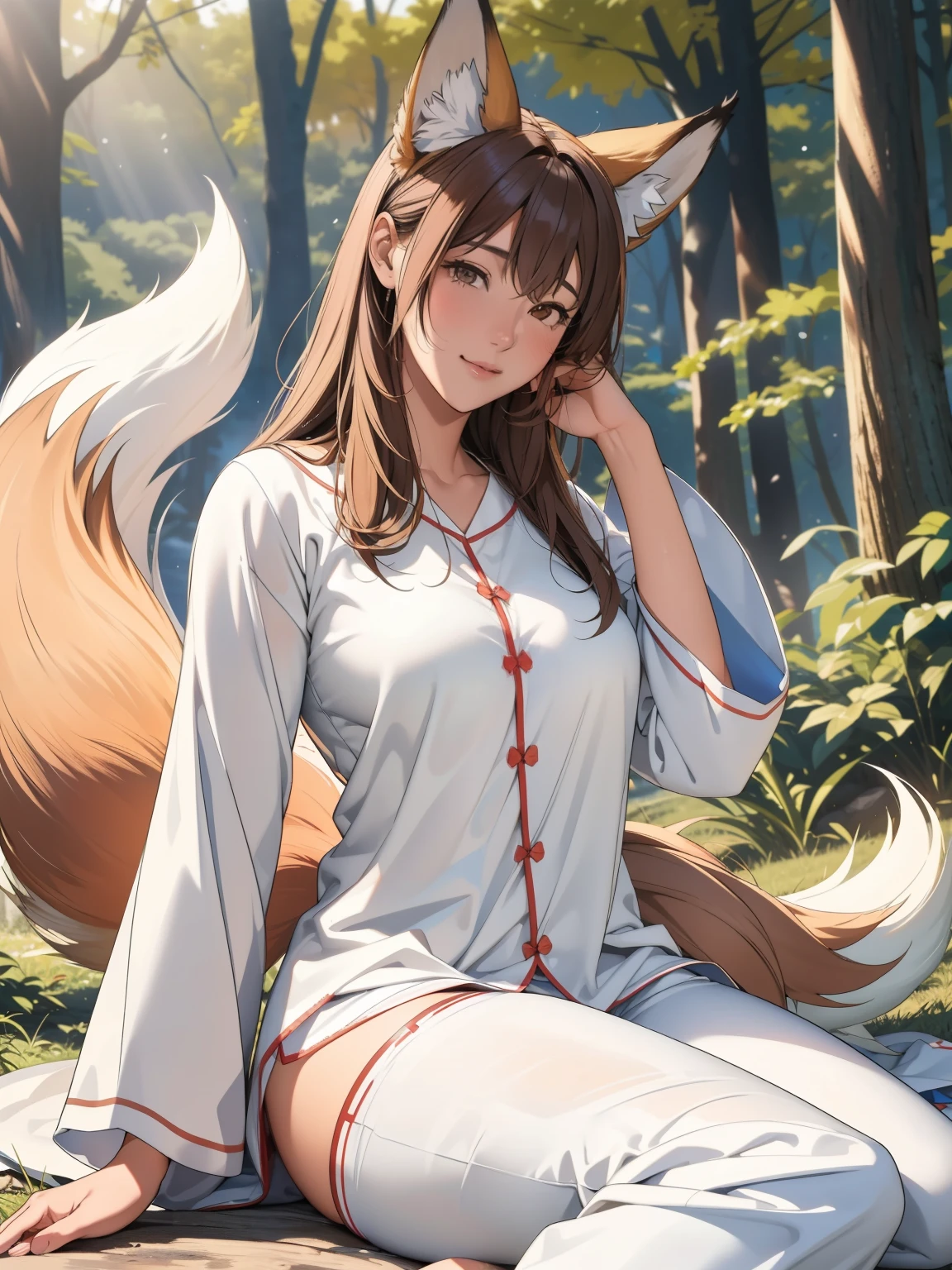 Professional, high-quality photos, 4K resolution, Realistically detailed image of an attractive girl in fluffy white pajamas with fox ears and a fox tail. She is sitting in the middle of a magical forest, Every element is perfectly expressed. The texture of pajamas, The ears and tail are sharp、palpable. The sunlight falls on the leaves、The girl&#39;s face is gently illuminated, Highlights delicate and attractive facial expressions  