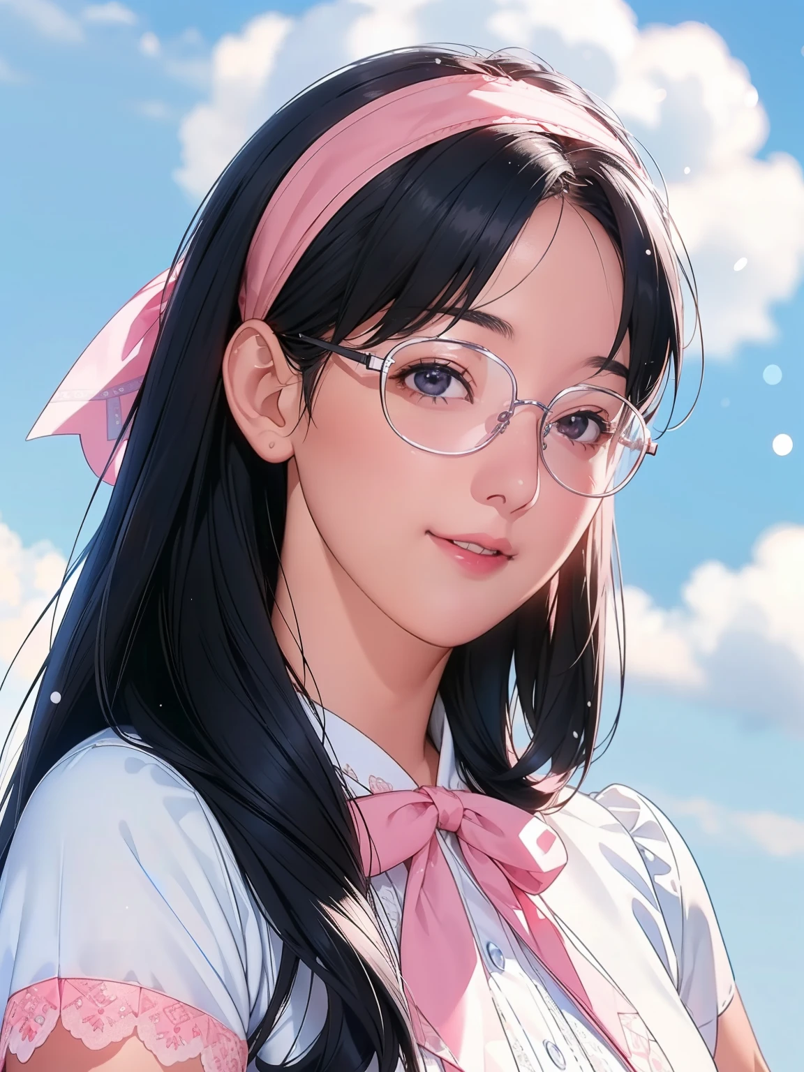 girl, Blue sky and white clouds, Wearing silver glasses, Happy, Happy, Reddish cheeks, Black Hair, Wearing a pink ribbon headband, Perfect quality, Clear focus (Clutter - Home: 0.8), (masterpiece: 1.2) (Realistic: 1.2) (Bokeh) (highest quality) (Detailed skin: 1.3) (Intricate details) (8k) (Eye for detail) (Sharp focus), (Happy)