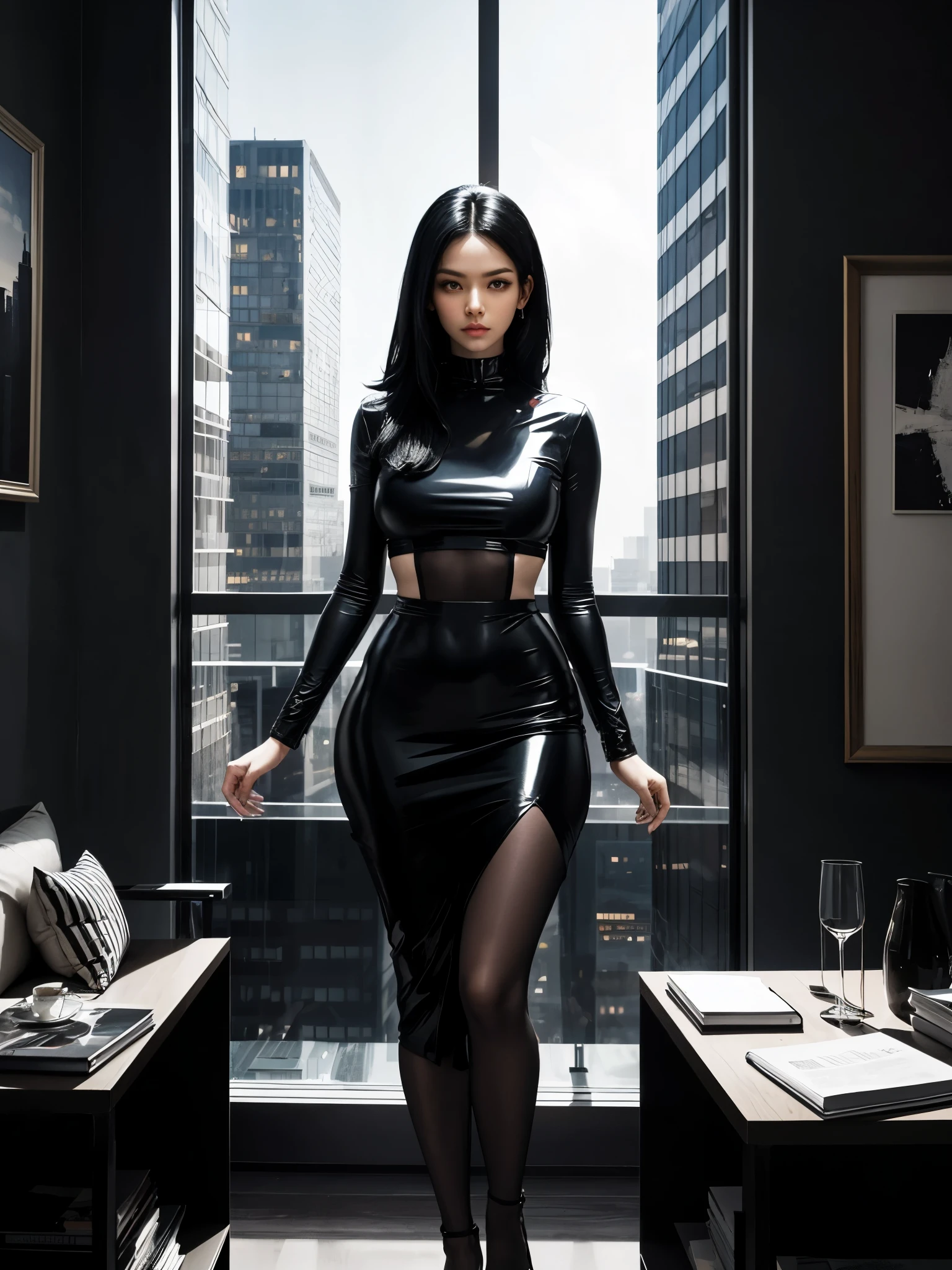 A tall woman with long, straight black hair, a beautiful face, fierce eyes, and a warm skin undertone, wearing a sleek, form-fitting outfit in dark colors, exuding confidence and strength, set against a modern, stylish backdrop featuring a high-rise cityscape view through large glass windows, sleek minimalist furniture, and abstract art on the walls, looking at viewer, (breasts:1.2), 